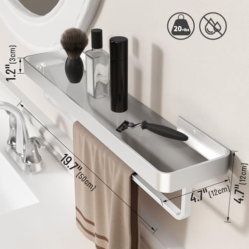 Danpoo 20 Inch Long Floating Bathroom Shelf with Towel Bar, Clear Tempered Glass Wall Shelf for Bathroom Storage Organizer, Matte Silver