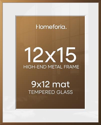 Homeforia 12x15 Bronze Picture Frame, High-End Metal, 9x12 Mat, Glass