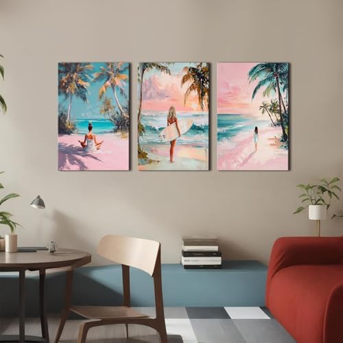 Trendy Pink Beach Canvas Wall Art Abstract Coastal Wall Decor Preppy Yoga Girls Canvas Pictures Aesthetic Ocean Seascape Painting Artwork for Girls Bedroom Bathroom Home Decorations 16x24" 3Pcs