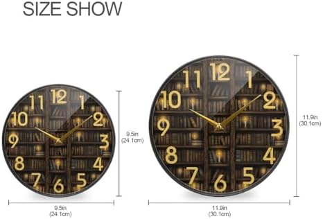 Naanle Multi-storied Mysterious Bookshelf Library Print Round Wall Clock, 12 Inch Silent Battery Operated Quartz Analog Quiet Desk Clock for Home,Office,School,Kitchen