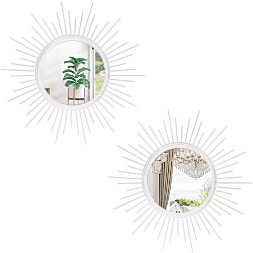 Sunburst Wall Mirrors 2 Set 12'' Decor Art Mirror Bohemian Home Round Modern Metal Mirror for Bedroom Living Room Hallway Bathroom Balcony White