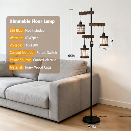 Vintage Floor Lamp with Wooden Lampshade, Dimmable Floor Lamps for Living Room, Industrial Standing Lamp Black Corner Light, Rustic Tall Lamp for Bedroom Office Nursery