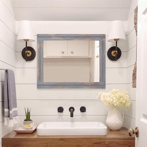 AAZZKANG Wood Framed Mirror Rectangular Rustic Wall Mirrors Decorative Large 20"x16" for Farmhouse Bathroom Living Room Bedroom Grey