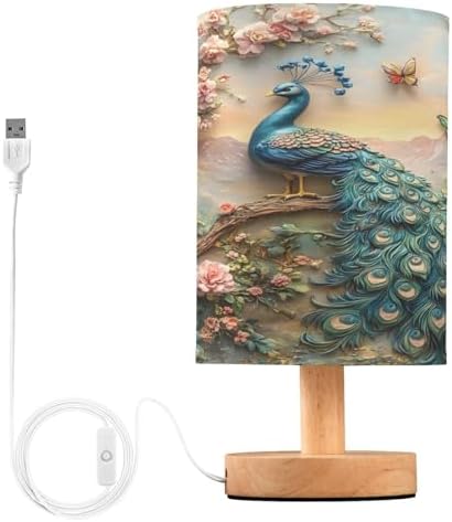 ALAZA Peacock Butterfly Peony Decor Bedside Table Lamp with USB Port for Bedroom Nightstand Office Desk LED Bulb Included