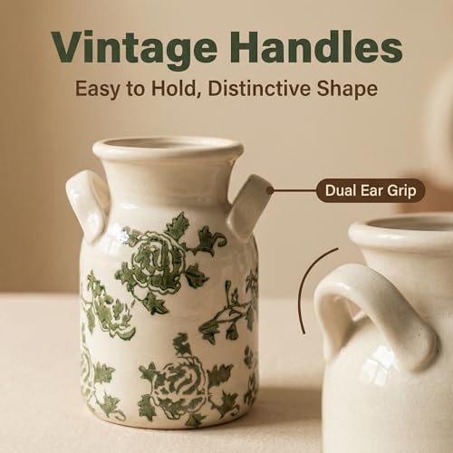 Ceramic Vase Set of 3 with Two Handles, Green White Neutral Rustic Modern Farmhouse Boho Decor, Versatile as Table Centerpiece or Mantel & Shelf Accent - Unique Home Gift Idea