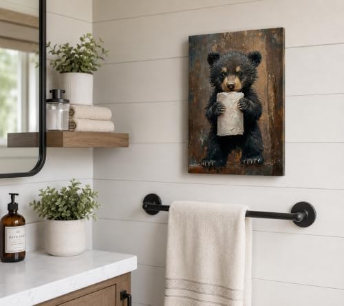 Funny Bathroom Bear Canvas Wall Art, Black Bear with Paper Poster Print Artwork, Humor Animal Painting Picture Wall Decor, for Kids Restroom, Cabin, Bathroom, Home Decoration, 12x16In