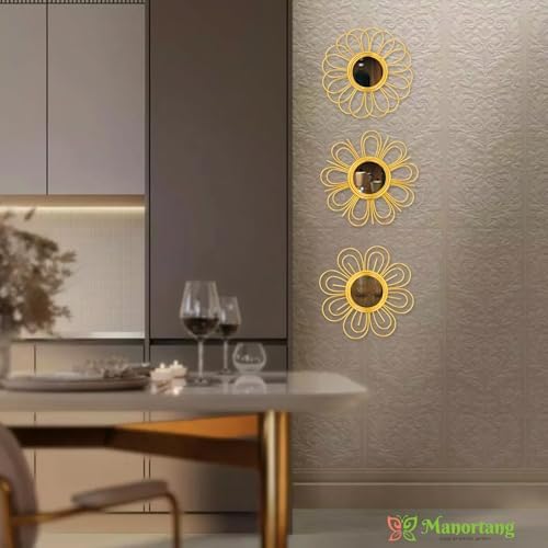 Gold Mirrors 3 Piece, 9 inch Flower-Indoor Shaped Mirror Hanging Wall Decor | Indoor Decorative Mirror Wall Art,Round Mirrors for Bedroom Wall Hanging,Living Room,Bathroom,House Warming Festival Gifts