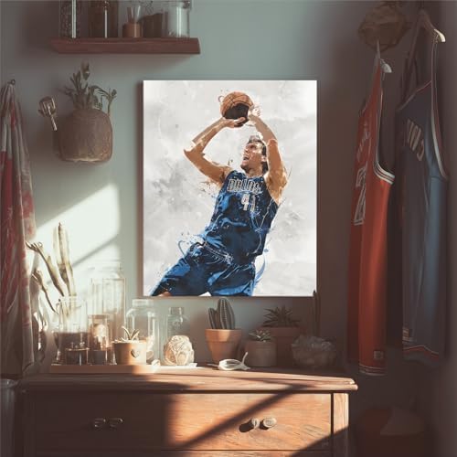 Dirk Nowitzki Basketball Canvas Wall Art, Sports Player Poster, 12x16 Inch | Abstract splash ink athletic artwork, motivational sports wall decor for teen boys room, bedroom, living room, gym or office