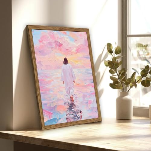 Pink Jesus Walking On Water Wall Art, Frame 3D Textured Hand Drawn Sandstone Christian Wall Decor Paintings Religious Savior Pictures for Living Prayer Room Bedroom, 12x16 in Wood Framed