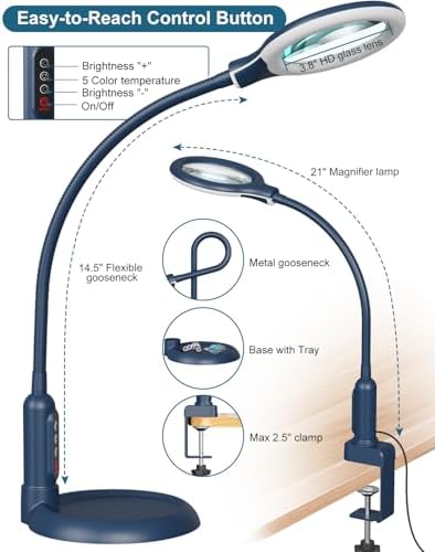 12X Magnifying Glass with Light and Stand, Real Glass, LED 5 Color Modes, Brightness Stepless Dimming Lighted Magnifier Hands Free, Flexible Gooseneck Desk Lamp with Clamp for Close Work, Craft, Blue