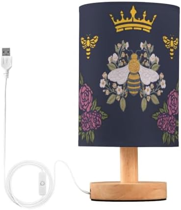 Table Lamp Honey Queen Bee Bumblebee Crown Flower Floral Wreath Nightstand Lamp with Wood Base Fabric Lamp Shade Bedside Desk Lamp for Living Room Bedroom Kids Room Office