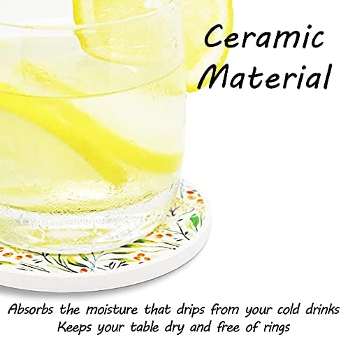 AD Set of 6 Coasters for Drinks Absorbing Round Ceramic Stone Coaster with Cork Base,Tabletop Protection Mat for Mugs and Cups,Office,Kitchen (Bontanicals with Holder)