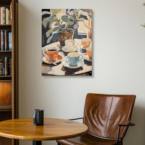 Cyebmo Framed Retro Coffee Wall Art, Coffee Cup Plant Wall Decor, Watercolor Cafe Canvas Painting, Minimalist Vintage Travel Food Poster Print for Home Office Cafe Bar Living Room 12x16 Inch