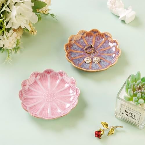 Lotus Ring Holder Dish Small Indoor Ash Tray, Ceramic Dessert Plate Trinket Jewelry Holder Organizing Necklace Earrings for Parents Friends Sister, Pink. All Jewelries Are NOT Included.