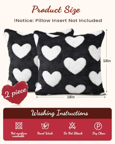 Valentines Pillow Covers 18x18 Inch Set of 2 - Plush Faux Fur Black White Love Hearts Valentines Day Jacquard Throw Pillow Covers Decorations Soft Home Decor for Couch, Sofa, or Bed