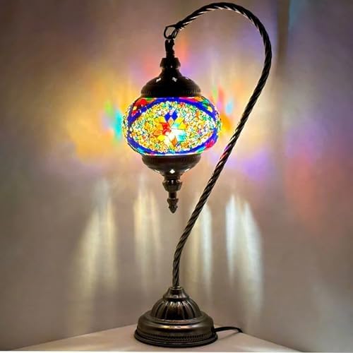 SILVERFEVER Handcrafted Mosaic Turkish Lamp Moroccan Glass Table Desk Bedside Light Bronze Base with E12 Bulb (Starburst Brown Lattern)