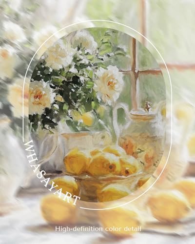 WHASAYART Vintage White Floral Framed Wall Art Still Life Canvas Art 12x16 | Country Cottagecore Flower Wall Decor Lemon Vase Near Window Oil Painting Print for Kitchen Dining Room Living Room Farmhouse