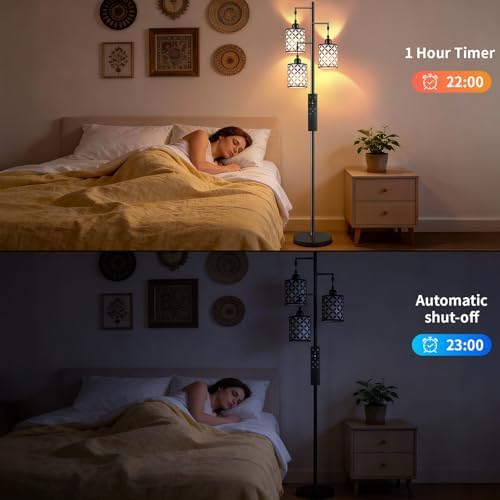 72" Dimmable Floor Lamp with Remote & Timer, Industrial Farmhouse Rustic Standing Lamp for Living Room Bedroom, 3 Individually Controlled Heads, 2 Height Options, 3 x LED Bulbs Included