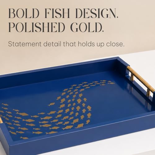 Serving Tray with Gold Fish Design, Navy by Death Decor