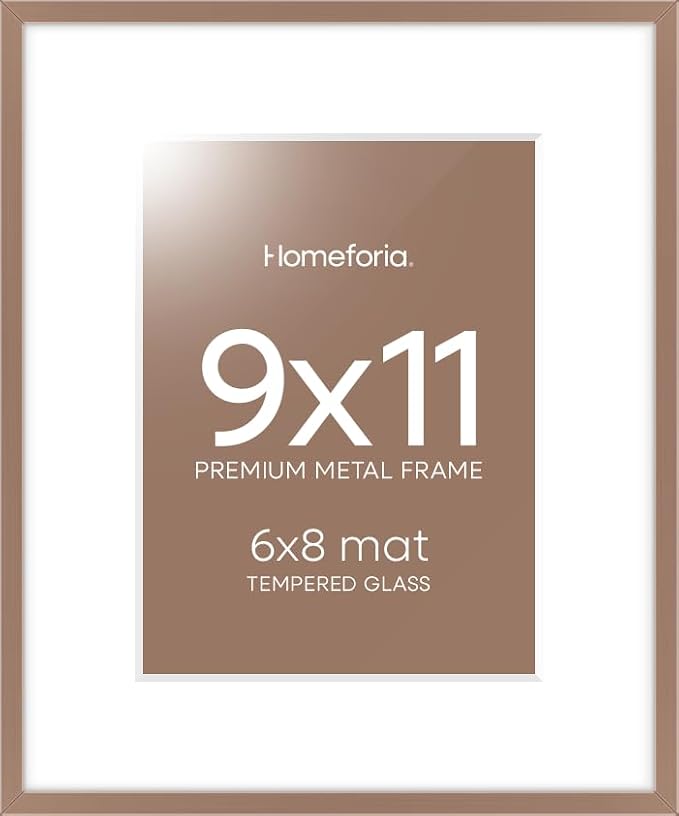 Homeforia 9x11 Mocha Picture Frame, High-End Metal, 6x8 Mat, Glass