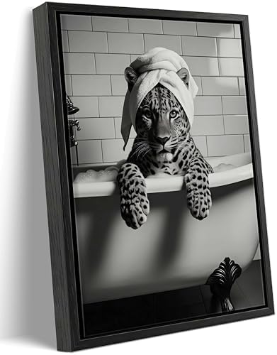 Framed Leopard In Bathtub Canvas Wall Art Trendy Black and White Bathroom Animal Wall Decor Picture Funky Maximalist Leopard Bathroom Aesthetic Poster Print for Restroom Toilet Decoration 8x10in