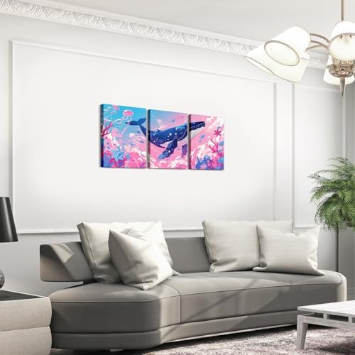 Feelyou Pretty Whale 3 Piece Canvas Wall Art for Living Room Bedroom Pink Blue Ocean Wall Art for Home Decor Jellyfish Office Wall Decor Dreamy Ocean Wall Painting