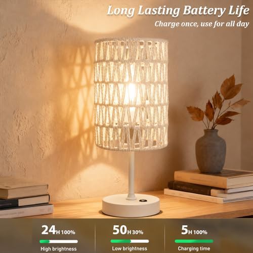 Boho Cordless Outdoor Table Lamps, Rechargeable Battery Operated Rattan Table Lamps, Stepless Dimmable, for Covered Patio, Porch, Gazebo, Living Room, Bedroom Decor- Set of 2 (Ivory White)