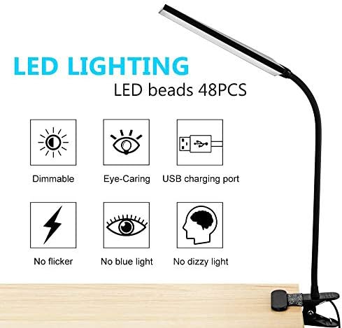 RAOYI LED Desk Lamp, 5W USB Clip on Light Eye-Caring Reading Clamp Table Lamp with 48 LEDs Flexible Neck, 3 Color Modes and 14 Brightness Levels for Office Bedroom Study (Black)