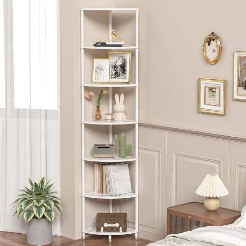 7 Tier Corner Shelf Stand, 64.7", Marble White