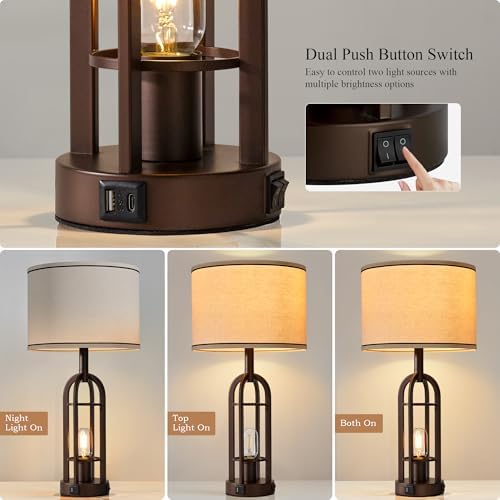 SRJJA Farmhouse Table Lamps for Living Room Bedroom Set of 2 - Rustic Industrial Bedside Lamps for Night Stands with USB A+C, 24" Vintage Nightstand Lamp with Night Light, Bulbs Included