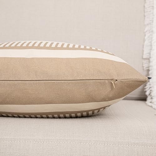 2 Pack 18x18 Inch Pillow Covers - Brown Faux Leather & Tan Stripe Print Soft Canvas Splicing, Same Pattern Both Sides | for Sofa Couch Bed Living Room, Farmhouse Industrial Minimalist Decor