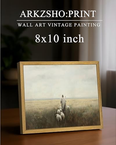 Wood Framed Jesus Wall Art, Christian Canvas Wall Decor, Jesus Leaves the 99 Sheep Poster Print Picture, Lost Lamb Religious Artwork Oil Painting for Living Prayer Room Bedroom 8x10 inch