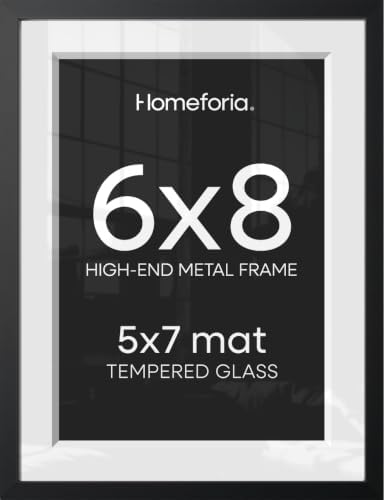 Homeforia 6x8 Black Picture Frame, High-End Metal, 5x7 Mat, Glass
