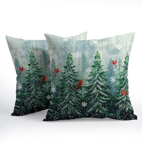 Watercolor Tree Throw Pillow Cover 16x16 inch Set of 2 Christmas Dark Green Trees Pillowcases Winter Red Bird Snowflake Decorative Cushion Covers Rustic Forest Pillow Protector for Home Sofa