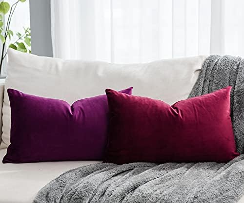 Christmas Burgundy Soft Lumbar Velvet Throw Pillow Covers 16x24 inch Set of 2 for Sofa Couch Bed Living Room Decorative Luxury Solid Rectangle Cushion Covers Case with Zipper