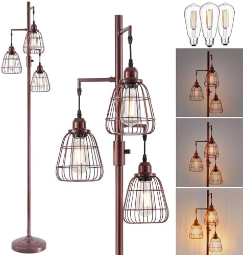9MMML Dimmable Floor Lamp,Industrial Farmhouse Tall Standing Floor Lamp for Living Room, Bedroom Office,3 Teardrop Cage Lampshade,3 LED Bulbs Inculded. 68'' Tall