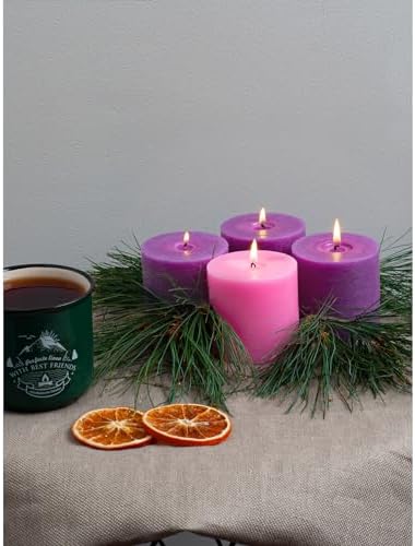 CANDWAX 3x3 Inch Advent Pillar Candles Set of 4 - Long Burning Dripless Unscented Pillar Candles - Rustic Style for Advent Wreaths, Christmas Décor - 3 Purple and 1 Pink Pillars