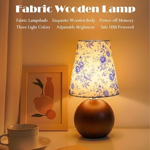 Vintage Wooden Night Lamp, Wood Base Fabric Lampshade, Adjustable Light Color and Brightness with Power-Off Memory, Safe USB Powered, Retro LED Table Light for Bedroom Living Room Office (BlueFlowers)
