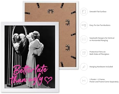 Poster Master Better Late Than Ugly Print - Woman In Mirror Poster - Modern & Pop Art - Trendy Gift for Men, Women & Fashionista - Funny Decor for Bathroom or Girl's Room - 11x14 White Framed