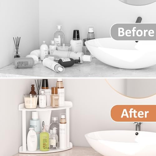 Sezanrpt 2 Tier Countertop Corner Organizer Shelf 7x7x8 Inch, White Acrylic Bathroom Vanity Storage Organizer Corner Shelf for Skincare, Cosmetics, Perfume