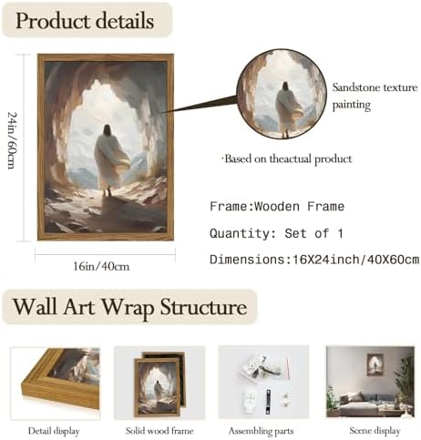 Jesus Leaves the Tomb Wall Art Easter Christian Wall Decor Painting Jesus Resurrection Artwork Religious 3D Textured Hand Drawn Sandstone for Bedroom Living Prayer Room 16x24 inch Wood Framed