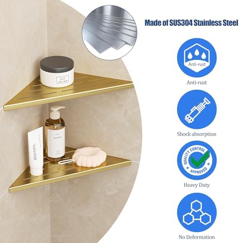 Neodrain 10 Inch Golden Corner Wall Shelf for Tile Wall Insert, Set of 2