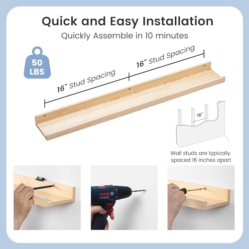 Picture Ledge Shelf for Wall, 36 inch Solid Pine Wood Nursery Book Shelves 2 Packs, Floating Ledge Shelves for Kids' Room Bedroom Bathroom Living Room Photo Frames Office Nursey Wall Decor, Natural