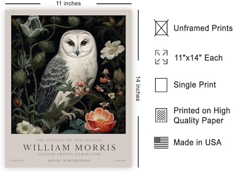 Monem Art William Morris Poster - Owl and Flowers Print - Farmhouse Design - Floral Illustration - Aesthetic Print - Living Room or Bedroom Wall Decor - 11x14 UNFRAMED Wall Decor