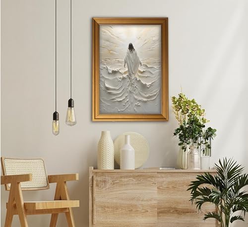 Vintage Gold Framed Jesus Wall Art Abstract Jesus Walking on Water Canvas Prints Christian Spiritual Picture Divine Light Religious Beliefs Painting Poster Artwork for Living Room Bedroom Church