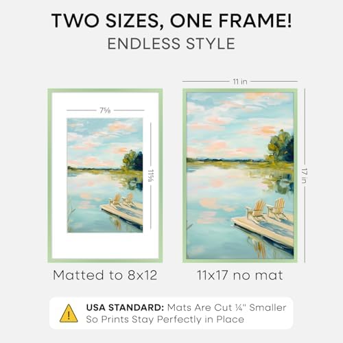 Homeforia 11x17 Green Picture Frame, High-End Metal, 8x12 Mat, Glass