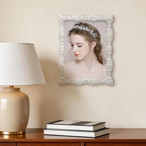 DIKAR 6x8 Picture Frame with Pearl for Wedding, Silver Plated with HD Acylic Finish Photo Frames with Rhinestones for Horizontal and Vertical Decor Tabletop Display