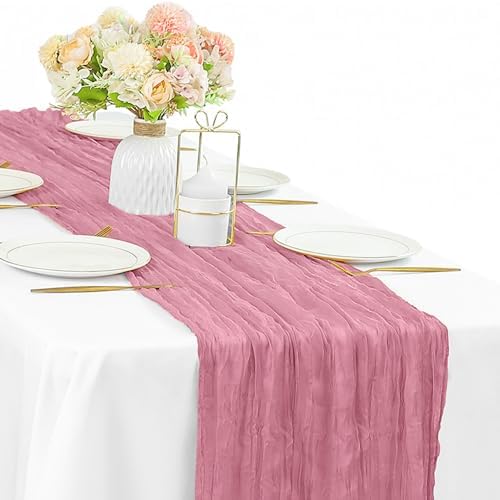 Cheesecloth Table Runner 10FT Dusty Rose Runner for Tables Gauze Fabric Boho 35 x 120 Inches Long Table Runner Decoration Rustic Sheer Runner for Wedding Baby Birthday Party (Dusty Rose)