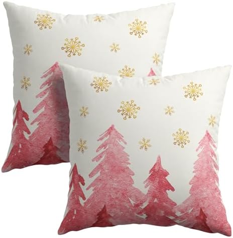 Christmas Tree Throw Pillow 20x20 Inch Set of 2 Cover Winter Christmas Pillowcase Pink Trees Golden Snowflake Decorative Cushion Cover Holiday Rustic Tree Pillow Protector for Home Sofa