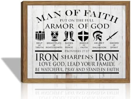 Man of Faith Bible Verses Canvas Wall Decor Framed 16x24 Inch | Scripture Wall Art for Office Gym Prayer Room or Study Room, Armor of God Christian Prints, Inspirational Religious Paintings